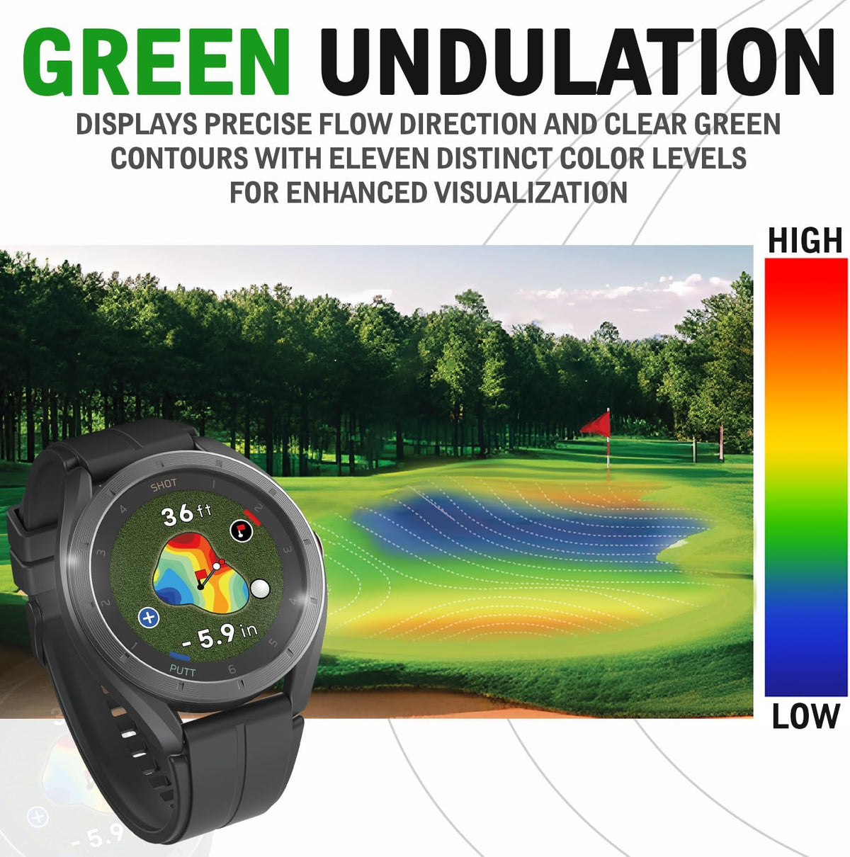 Voice Caddie Reloj de golf T11 LT con GPS con pantalla LCD con ondulación verde, sin suscripción mensual, modo de pendiente de 40 K+, cursos preinstalados, vista de campo, modo de tempo de práctica, vista de putt, pantalla táctil a color de 1.2 pulgadas