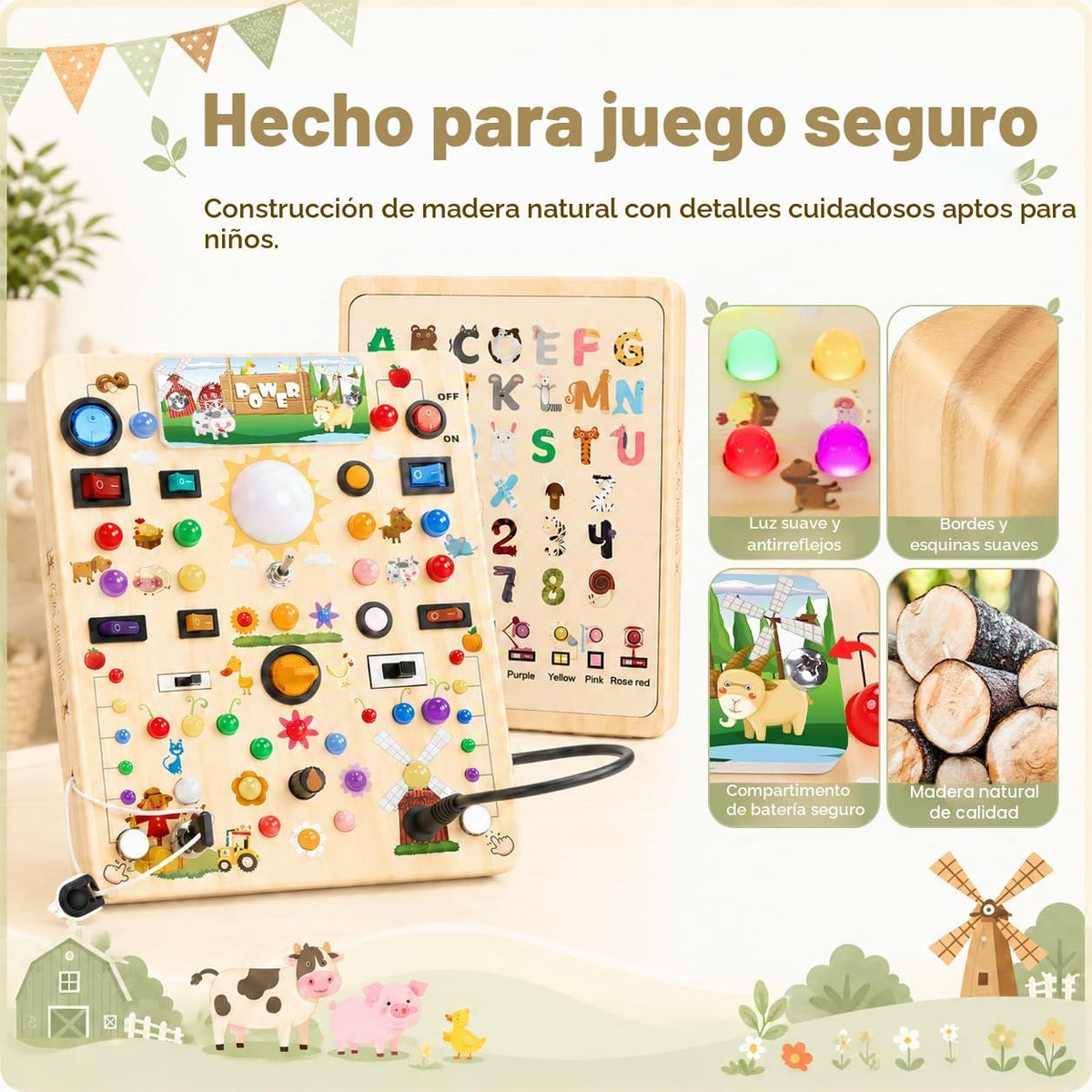 Tablero de actividades con 19 interruptores de luz LED, juguetes Montessori para niños de 1, 2, 3 años, tablero sensorial de madera, juguetes de viaje para niños y niñas de 1, 2, 3 años, regalo de