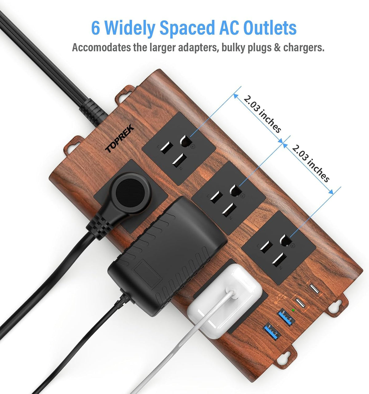 Regleta de protección contra sobretensiones (2100J), 6 tomas de corriente ampliamente espaciadas con 2 USB-C y 2 USB-A, cable de extensión de 6.5 pies con enchufe plano ultrafino, regleta de