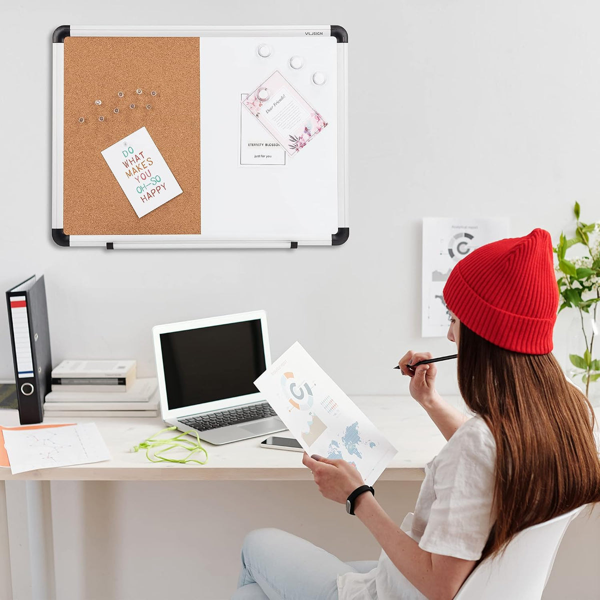 VUSIGN Combinación de pizarra blanca y tablero de corcho, tablero de borrado en seco de 17 x 23 pulgadas y tablero de corcho para el hogar u oficina, tablero de anuncios montado en la pared con marco