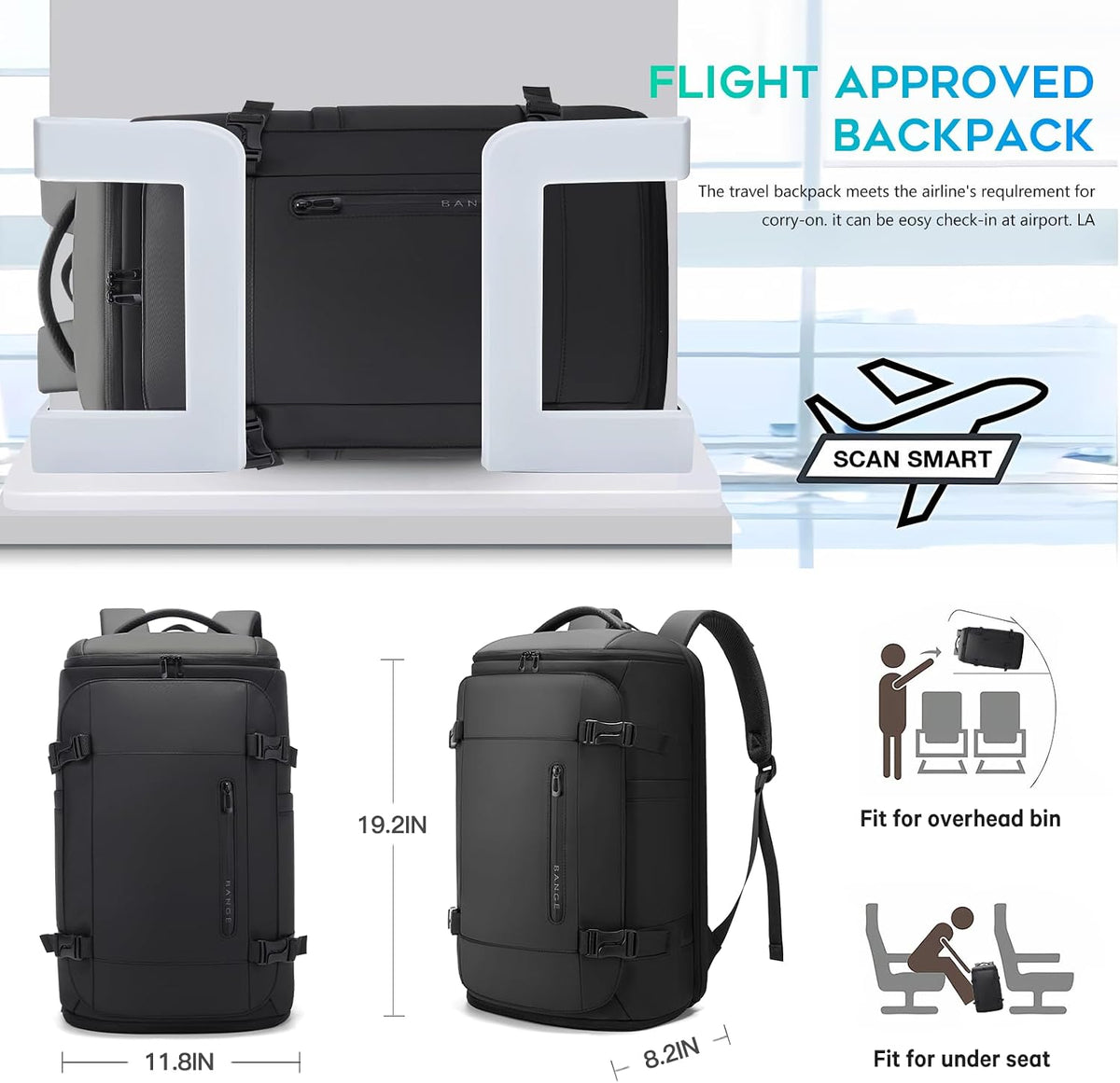 BANGE Mochila de viaje de 40 L con compartimento para zapatos, bolsa de fin de semana de gran capacidad para laptop de 17.3 pulgadas, mochila de equipaje de mano con soporte para botella de agua para viajes, senderismo, negocios