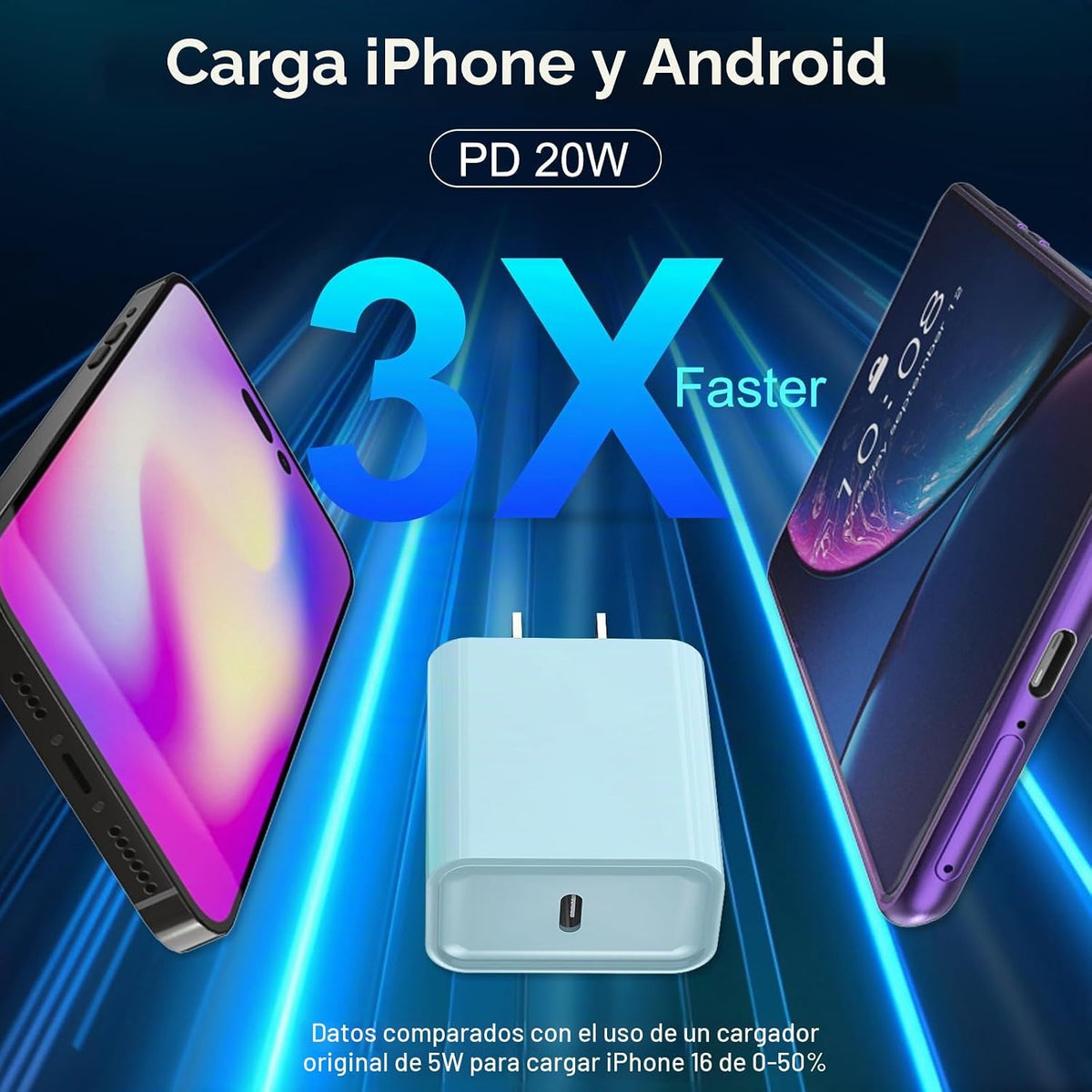 Cargador de carga rápida para iPhone 16 y 15, paquete de 3 cargadores USB C PD de 20 W con cable de 10 pies, cable USB C tipo C para iPhone 16/16 Plus/16 Pro/16 Pro Max/15/15 Pro/15 Pro Max (azul)
