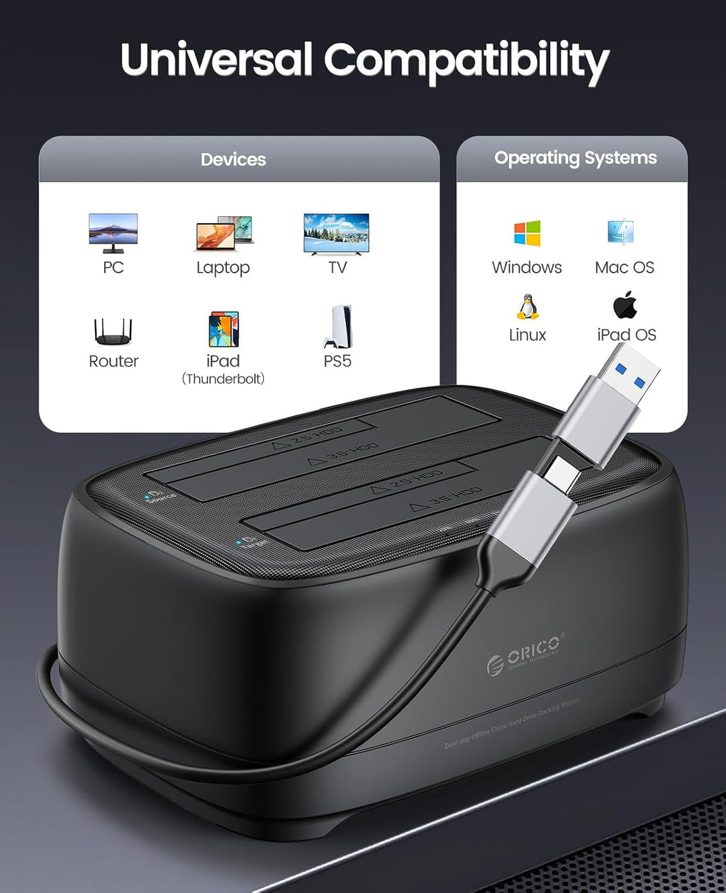 ORICO USB Type C a SATA 2 Bay Hard Drive Docking Station