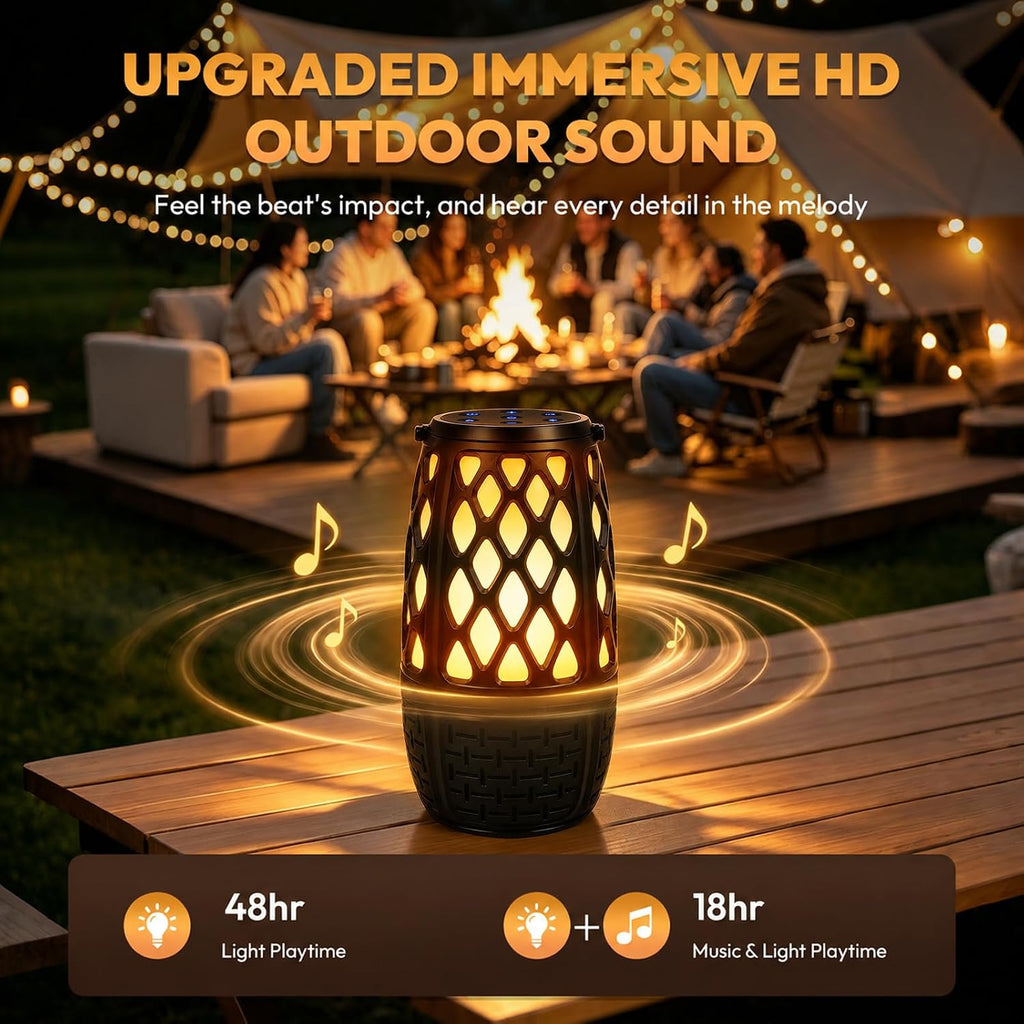 Altavoces para exteriores Bluetooth con luces de llama, sonido estéreo HD e