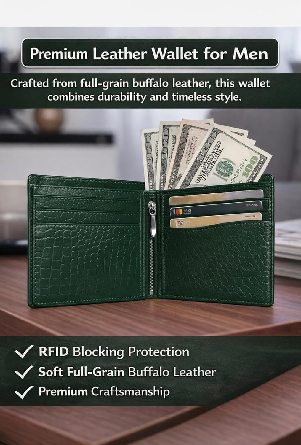 Billetera de cuero con bloqueo RFID, clásica y minimalista, plegabl...