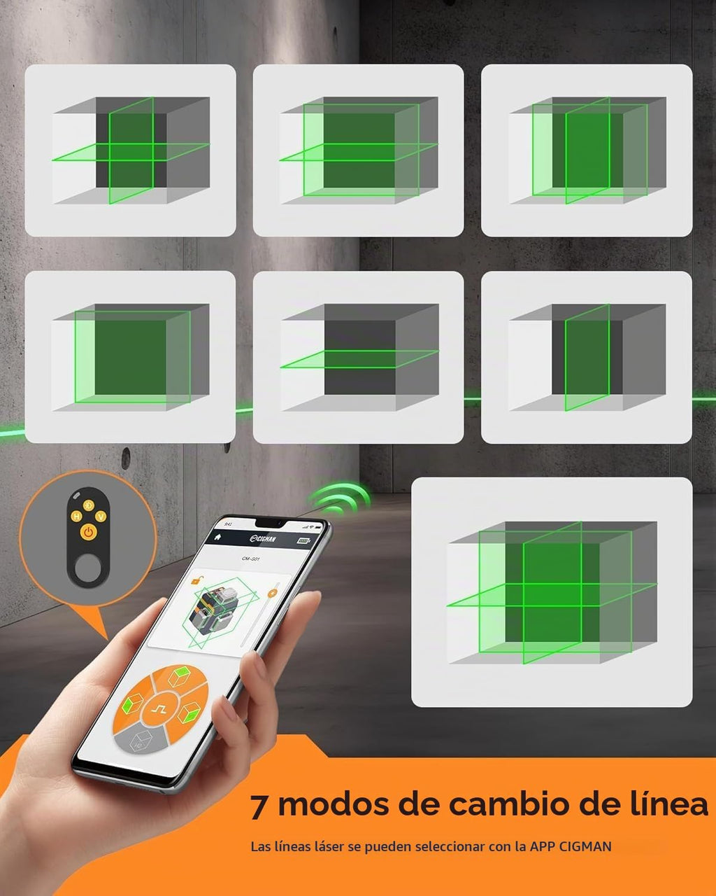 CIGMAN Nivel láser verde 3x360° autonivelante, control de aplicación CM-S01