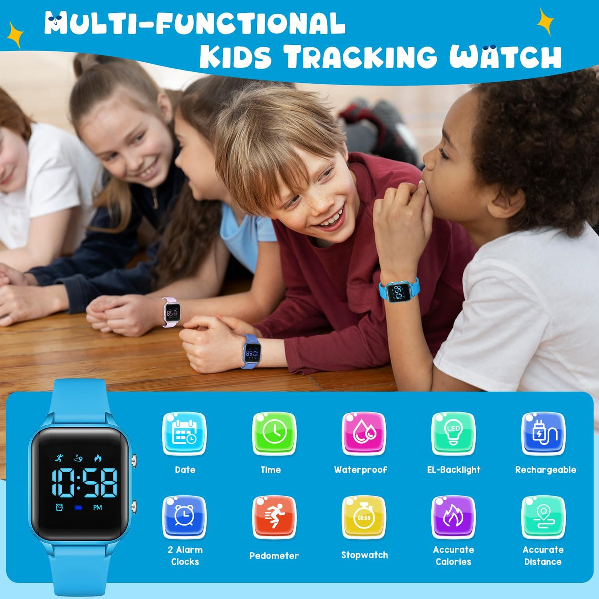 Relojes digitales para niños y niñas, reloj deportivo con rastreador de fitness, podómetro, alarmas, cronómetro, no necesita aplicación, reloj impermeable para niños, regalo para adolescentes