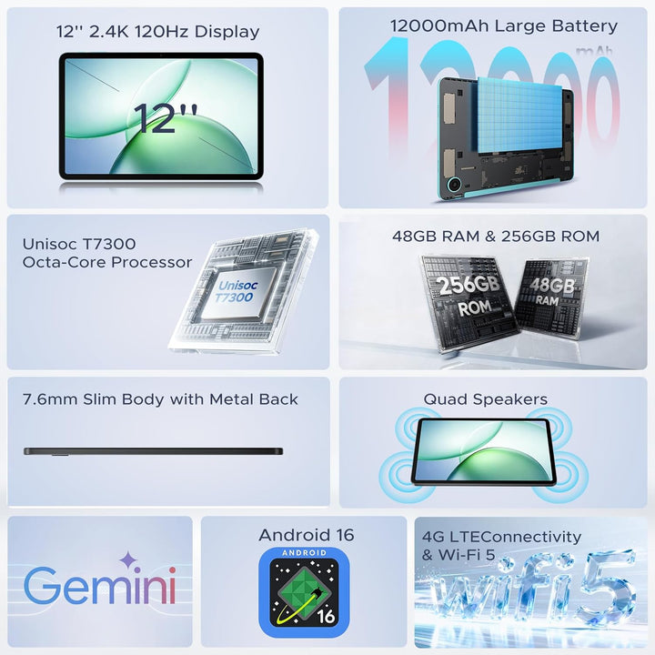 P12 Pro Tableta de 12 Pulgadas Android 16, 12000mAh\/18W, T7300 Oct...