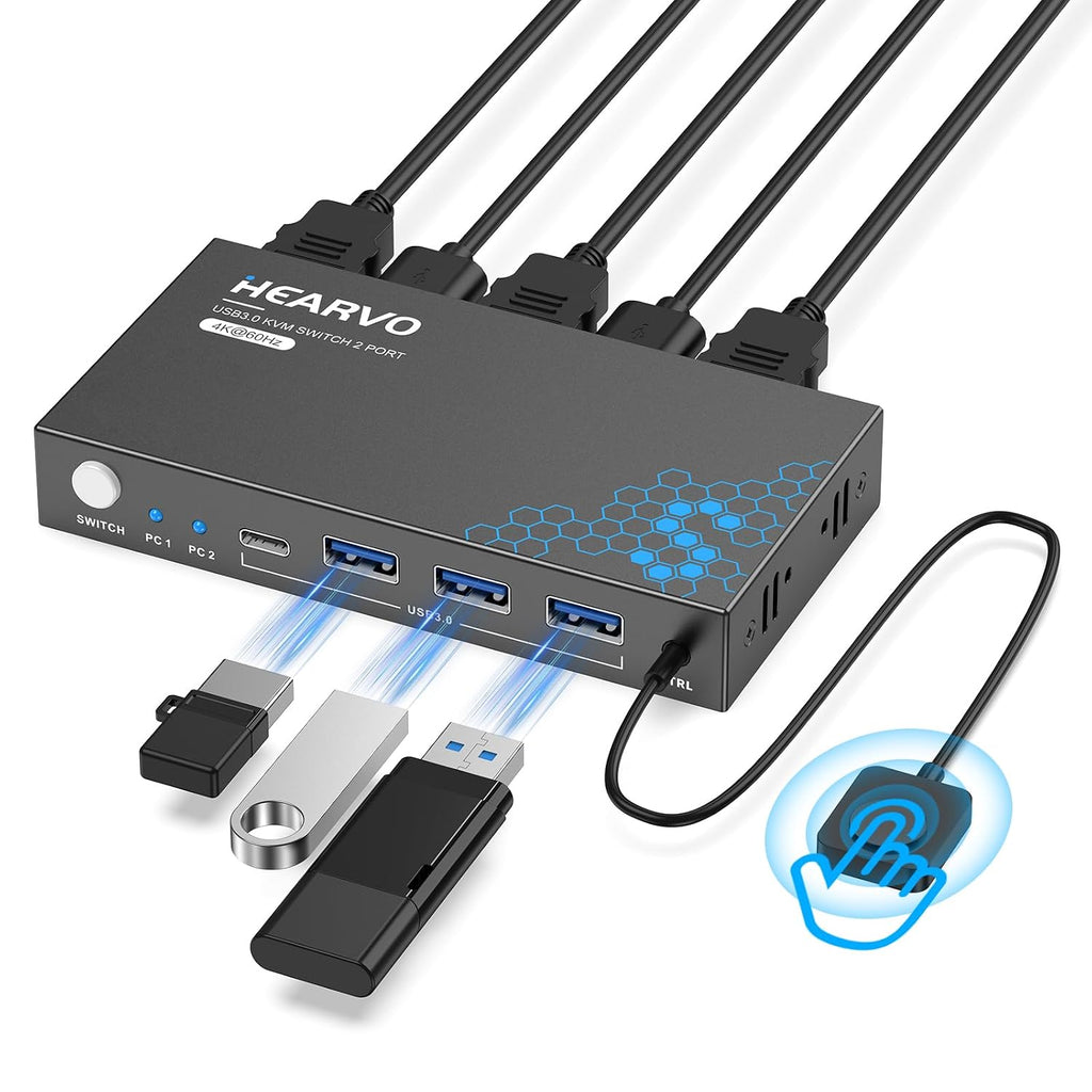 Hearvo Conmutador KVM HDMI USB 3.0 para 2 computadoras 1 monitor, 4K @60Hz
