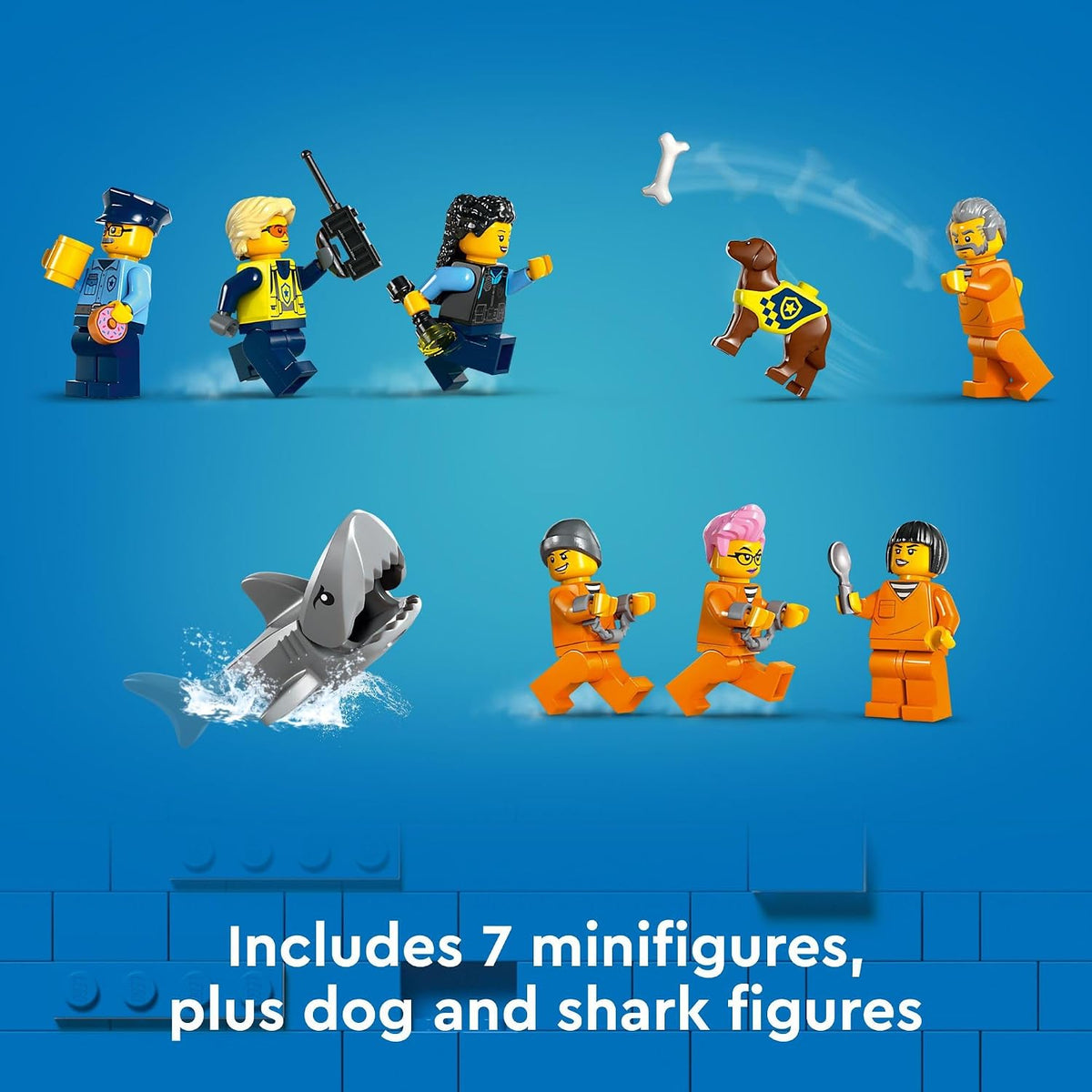 LEGO City Police - Juego de construcción de prisión isla, regalo de cumpleaños para niños y niñas a partir de 7 años, juego imaginativo, juguete de helicóptero, juguete de barco y bote, 7 minifiguras con perro y tiburón, 60419
