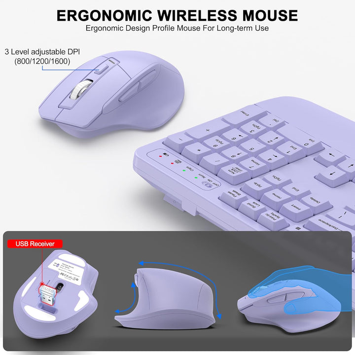 Combo de teclado y mouse inalámbricos, teclas onduladas de tamaño c...