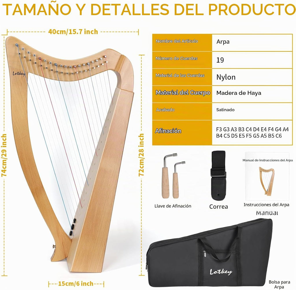 Lotkey Arpa eléctrica de madera de haya de 19 cuerdas, accesorios completos con llave de afinación, bolsa, correa, instrucciones, cable de audio y cuerdas de repuesto, arpa de lira para principiantes y profesionales, regalo ideal