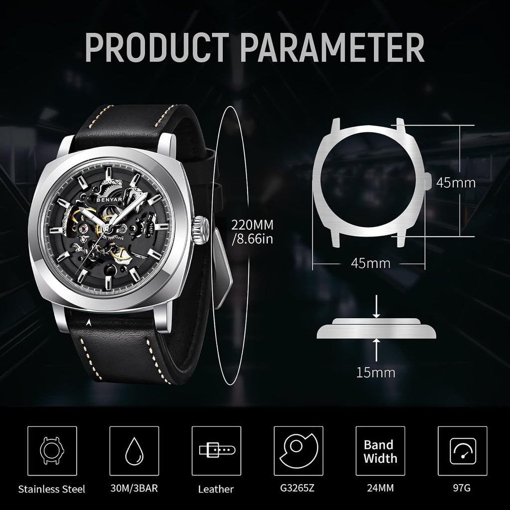 BENYAR Reloj Automático Mecánico de Esqueleto para Hombre de Vestir