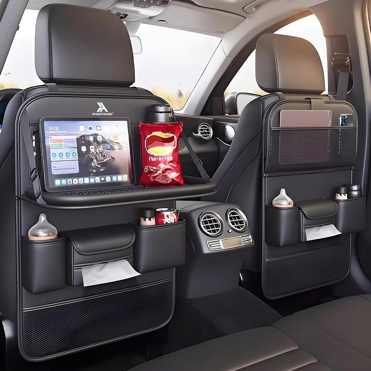 Paquete de 2 organizadores universales plegables para asiento trasero de automóvil con bandeja de mesa, protector de respaldo de asiento de automóvil con soporte para teléfono para pantalla táctil, alfombrillas de cuero prémium con bolsillos de