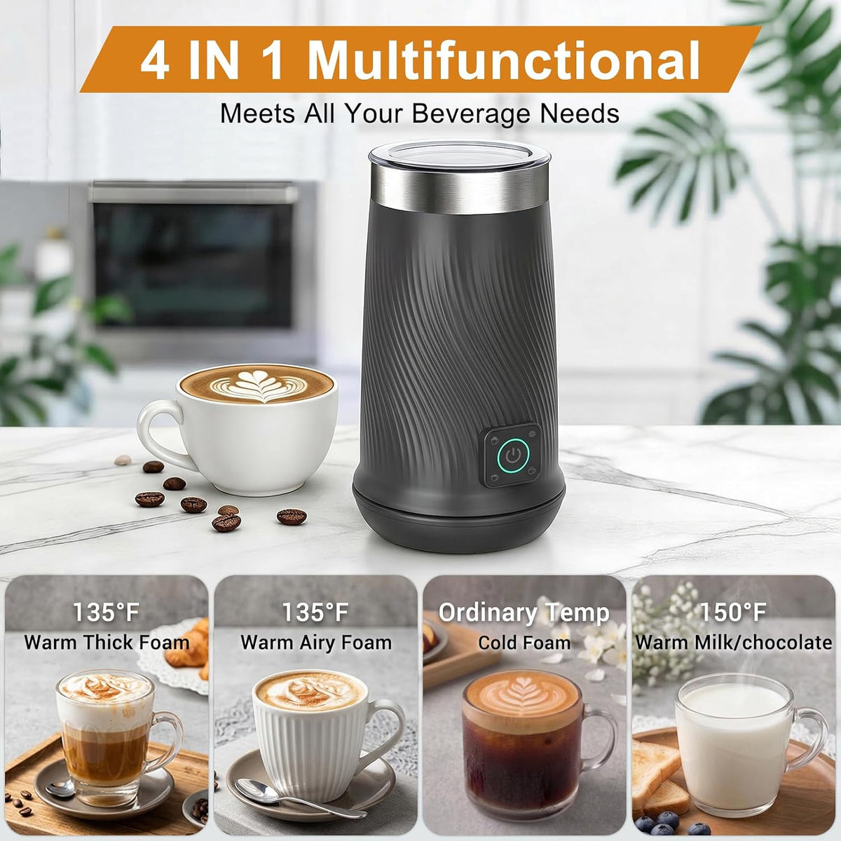 Wowteam Espumador de leche, vaporizador de leche eléctrico 4 en 1, calentador de leche caliente y fría y máquina de espuma para café, café con leche, capuchinos, macchiato, 8.2 oz/8.1 fl oz, acero
