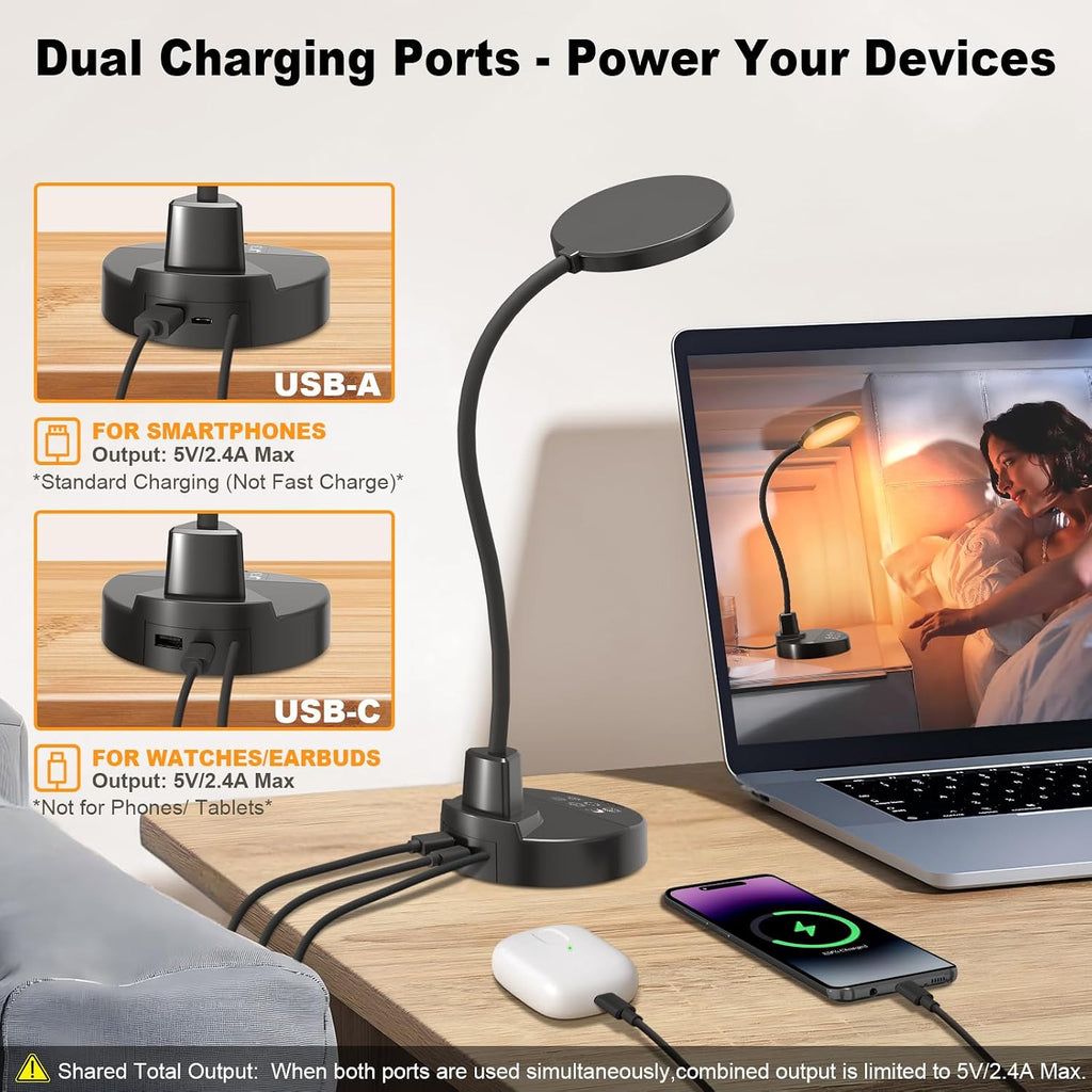 Lámpara Lámpara de escritorio LED de 15 W con puertos de carga USB, lámpara de mesa regulable con 3 temperaturas de color, 5 brillo, 4 temporizadores, luz de cuello de cisne flexible con base