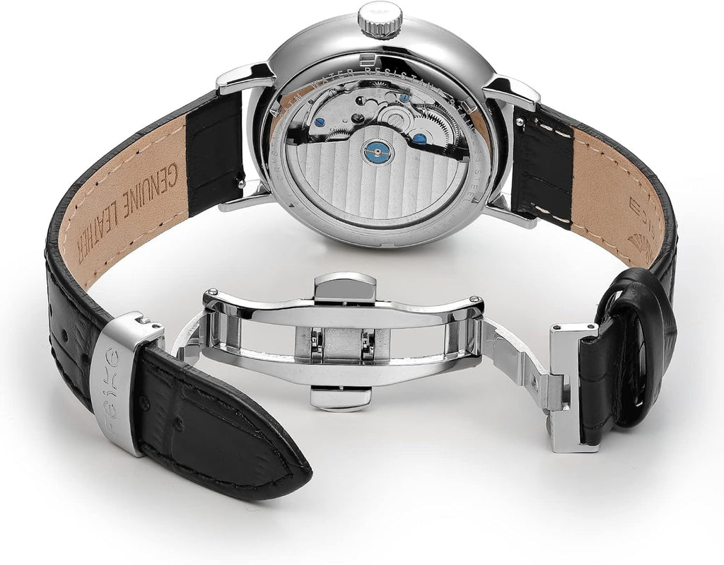 FEICE Reloj para Hombres Bauhaus Reloj Mecánico para Hombre Análogo Impermeable Automático Estilo Casual de Vestir con Espejo Convexo Correas de Cuero Fecha -FM202