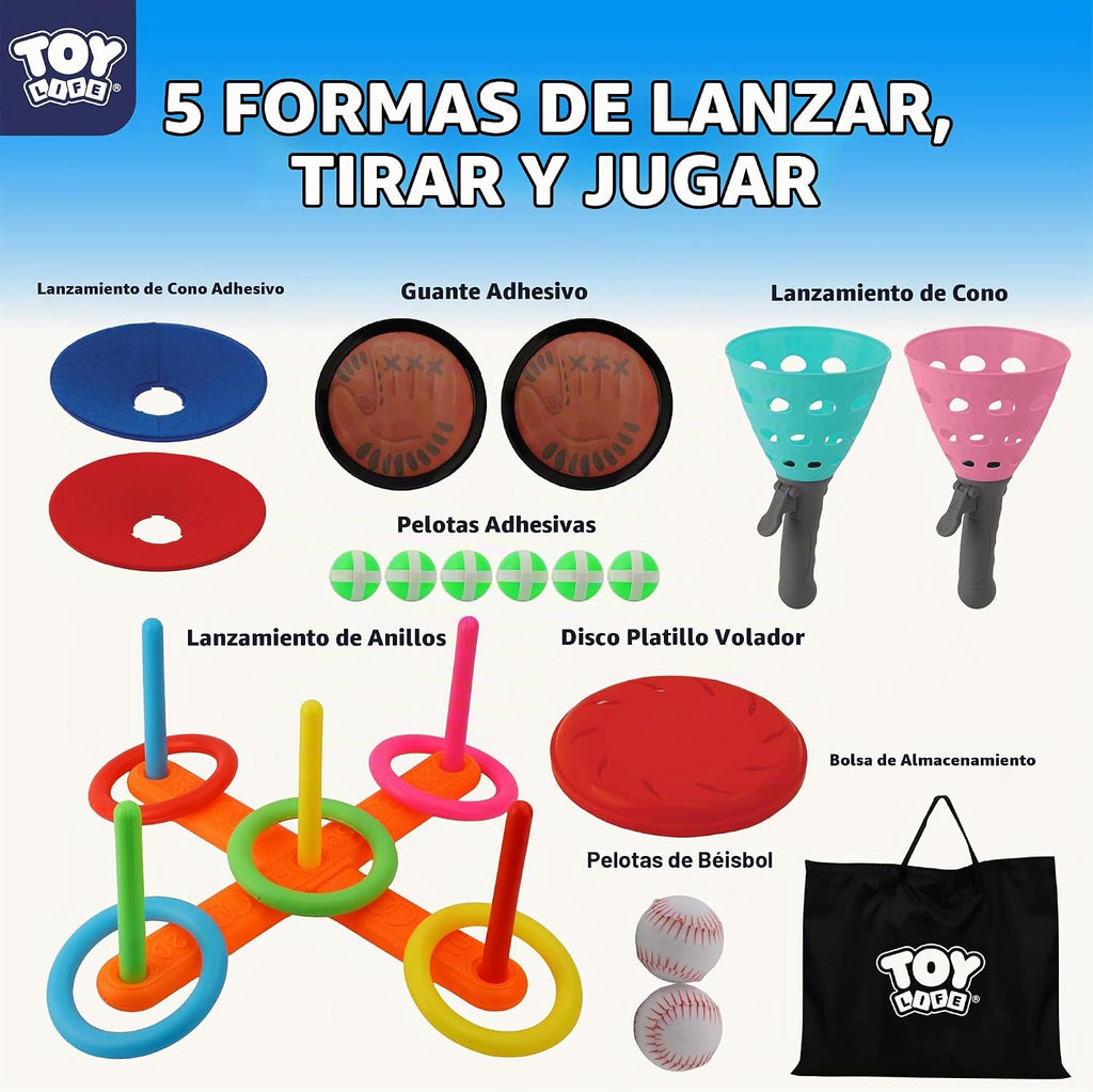 TOY Life Juego de pelota de lanzar y atrapar 5 en 1 para niños, juego de captura de bolas adhesivas con guantes y bolas, lanzamiento de anillo, juegos al aire libre y patio, juegos de playa para niños