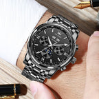 OLEVS - Reloj automático de lujo para hombre de cuerda mecánica con fases de la luna, de acero inoxidable, impermeable y con calendario luminoso, correa plateada