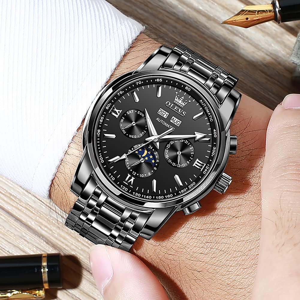 OLEVS - Reloj automático de lujo para hombre de cuerda mecánica con fases de la luna, de acero inoxidable, impermeable y con calendario luminoso, correa plateada