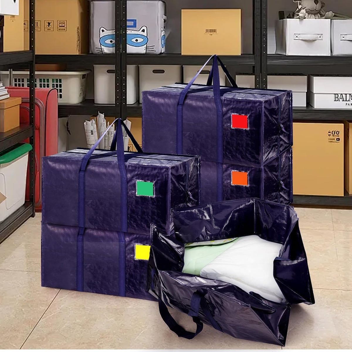 Paquete de 12 bolsas de mudanza con cremallera lateral completamente abierta, extra grandes de 93 L, resistentes, impermeables, plegables, para dormitorio universitario, organización de mudanzas y hogar, color azul oscuro