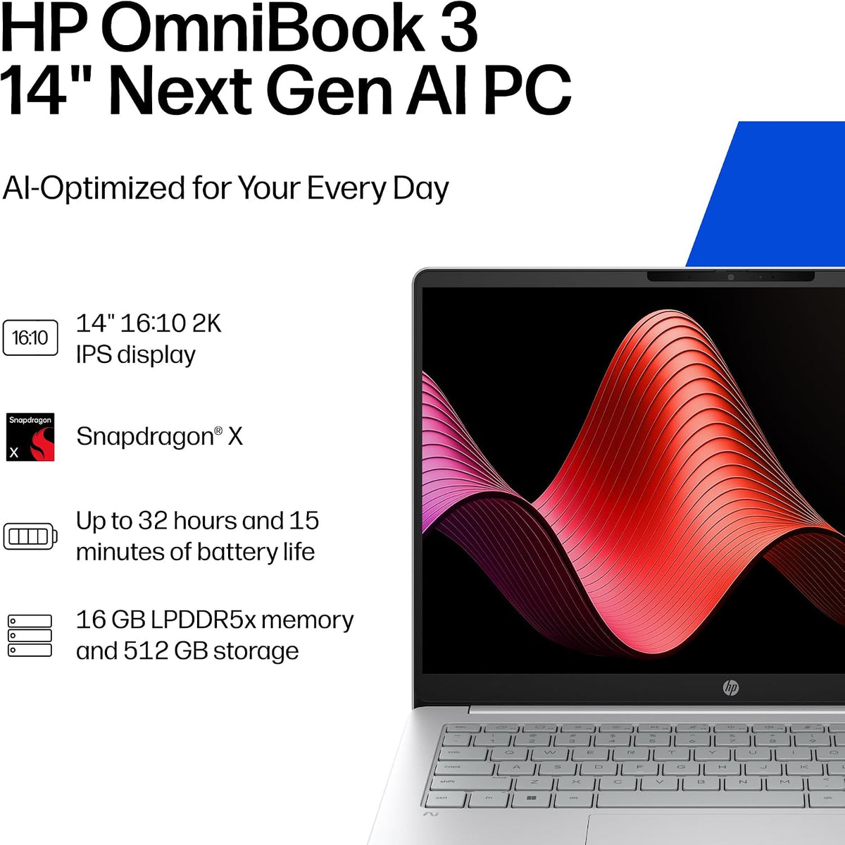 HP OmniBook 3 PC AI de próxima generación de 14 pulgadas, pantalla 2K, Snapdragon X X1-26-100, 16 GB de RAM, SSD de 512 GB, GPU Qualcomm Adreno, Windows 11 Home, Glacier Silver, 14-hz0099nr