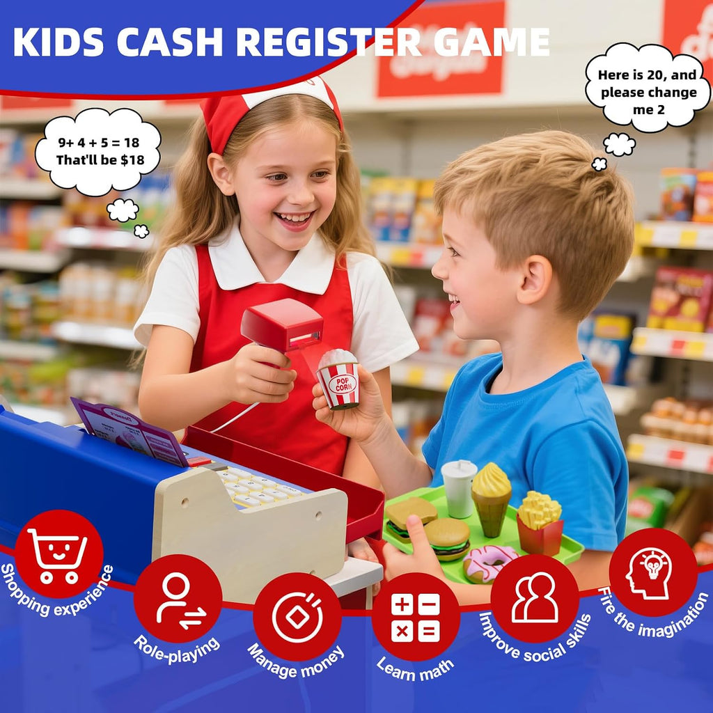 Caja registradora de madera recargable para niños, juguetes educativos para niños en color azul