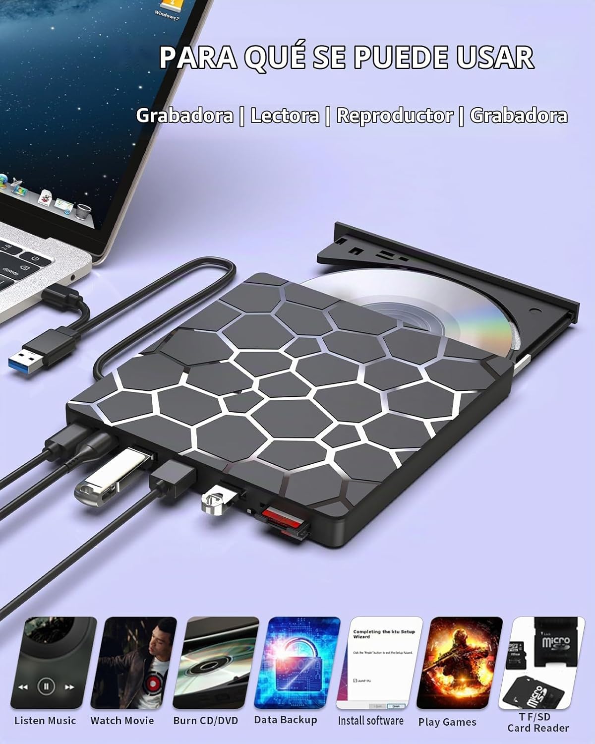 ASHDOL Unidad externa de CD y DVD, 8 en 1 USB 3.0 y lector de disco...