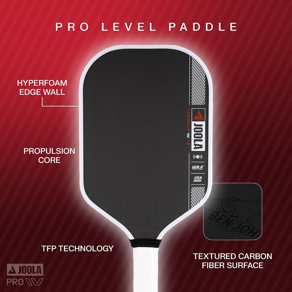JOOLA Paletas de pickleball Pro IV – Superficie de fibra de carbono en bruto – Perseo, Hyperion, Scorpeus y Magnus – 0.551 in/0.630 in – Tech Flex Power – Núcleo de propulsión – Ancho o alargado