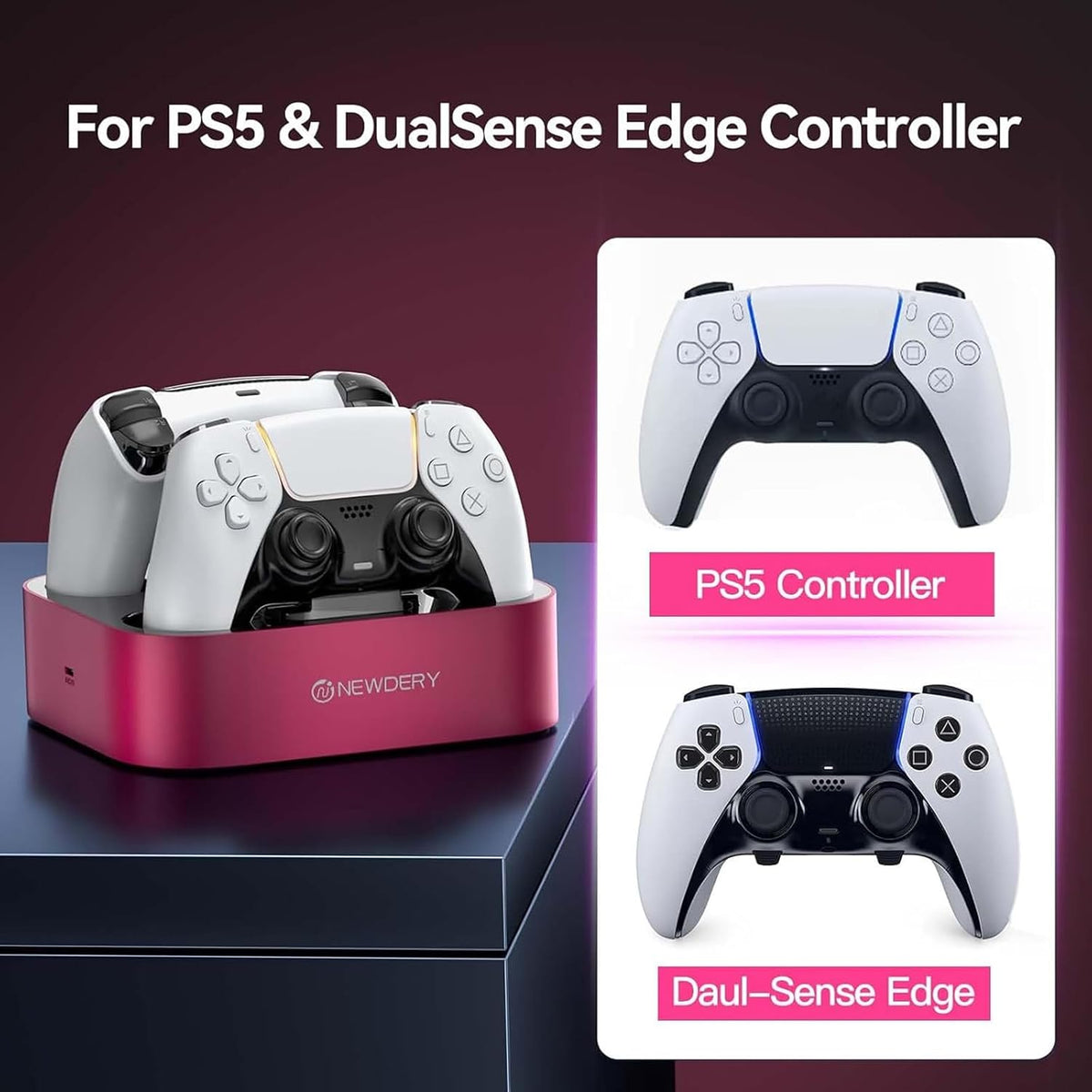 NEWDERY Estación de carga para controlador PS5, base de carga dual para PlayStation 5 DualSense/Edge Controller, soporte de carga rápida con cable tipo C, regalo para mujeres y niñas, día de la madre