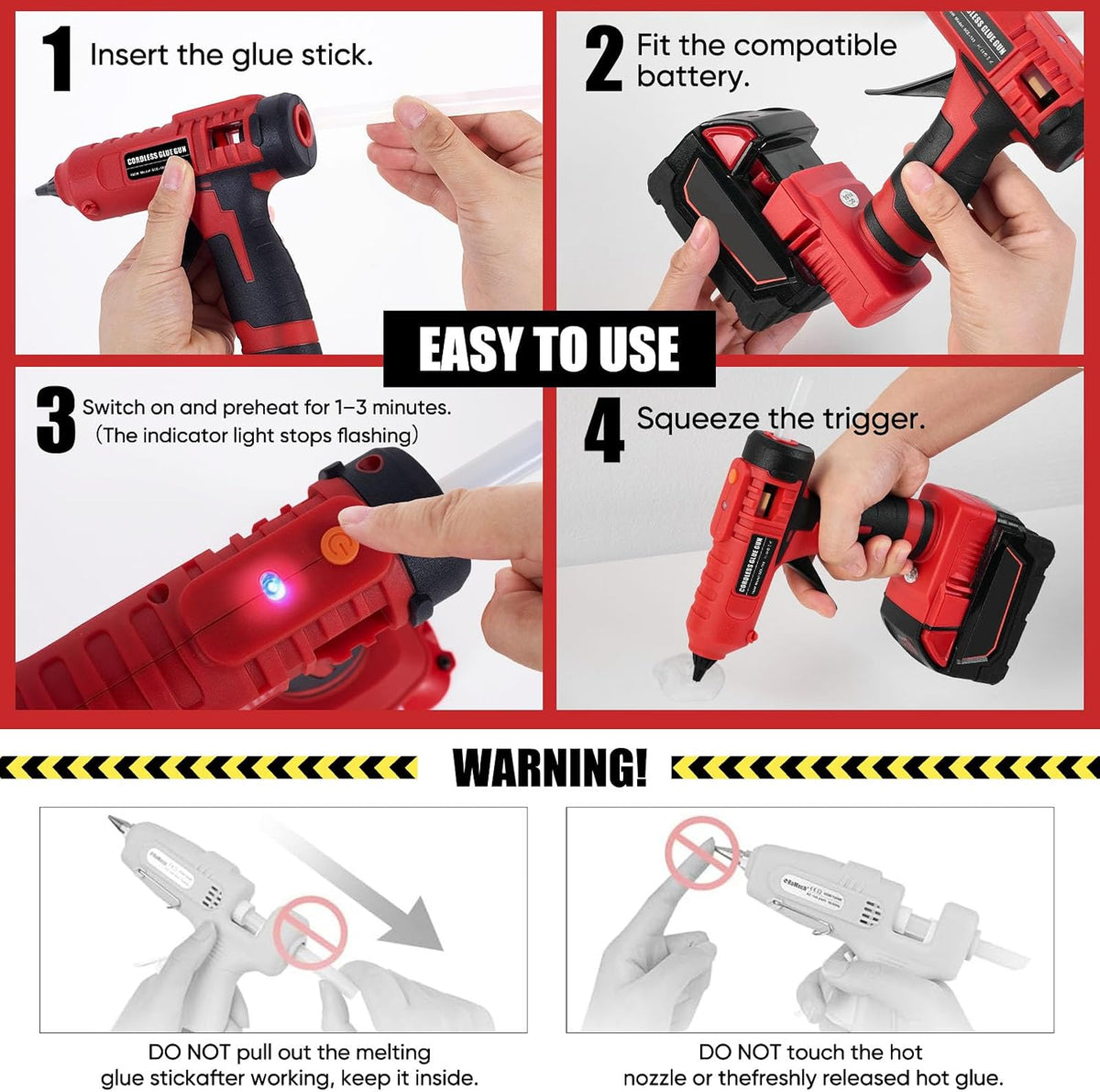 Pistola de pegamento caliente inalámbrica de 100 W para batería Milwaukee M18, kit de pistola de pegamento de calor rápido antigoteo con 20 barras de pegamento de 0.433 × 5.906 in, batería excluida