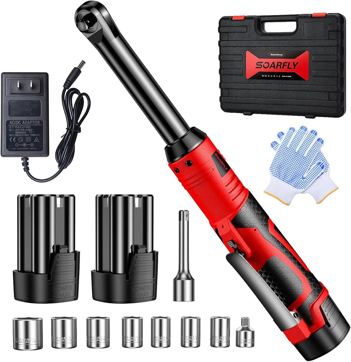 Juego de llave de trinquete sin cables de 3/8", llave eléctrica de trinquete extendida, 40 Ft-lb (55 N·m), 450 RPM, 16.8V con 2 baterías de litio de 2000mAh, velocidad variable, 7 vasos, luz LED
