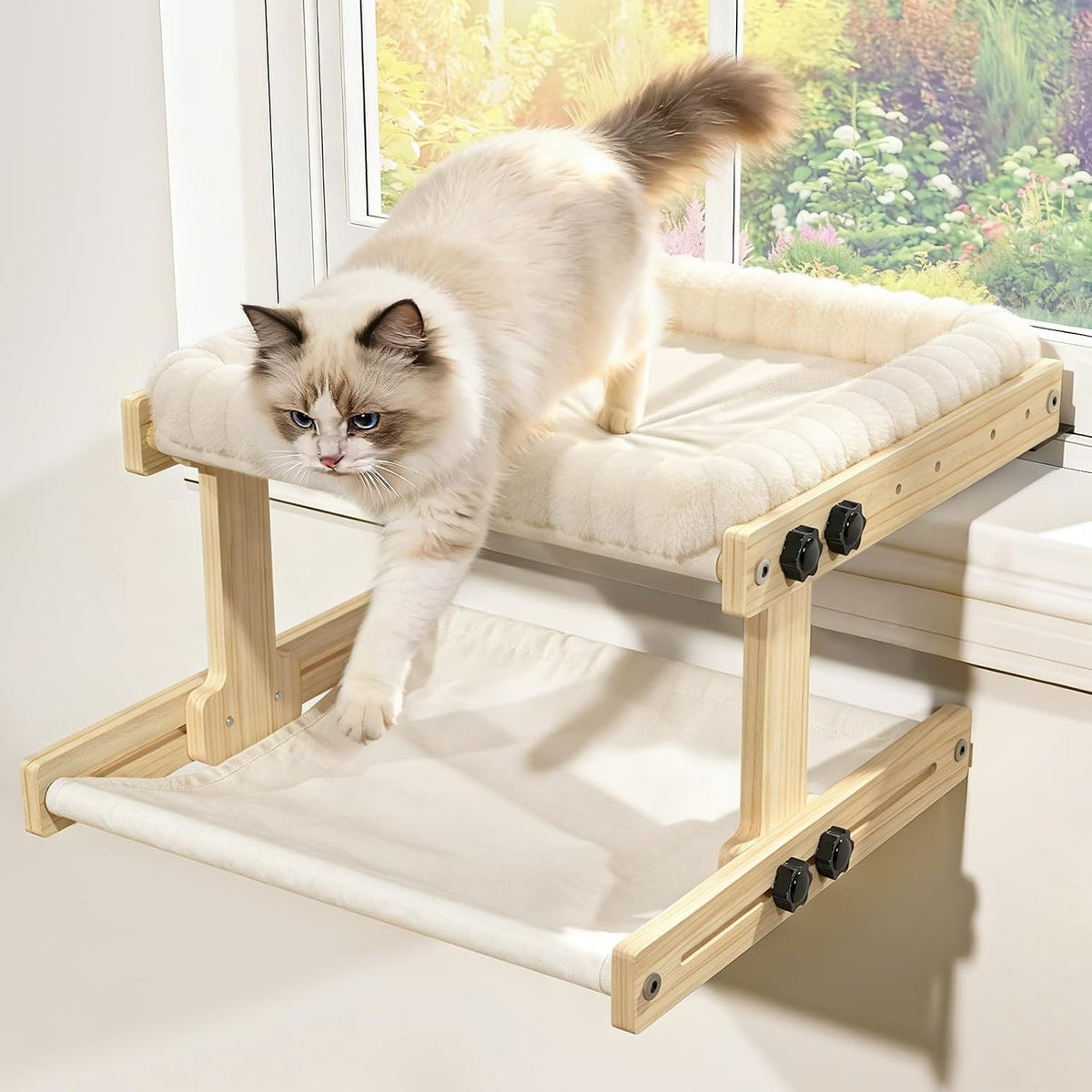 XiaZ Percha para gatos con ventana para gatos, cama interior para ventana, marco de madera ajustable, observación de aves, tomar el sol, ahorro de espacio, doble capa de 18 x 16 x 10 pulgadas (se recomienda razas pequeñas)