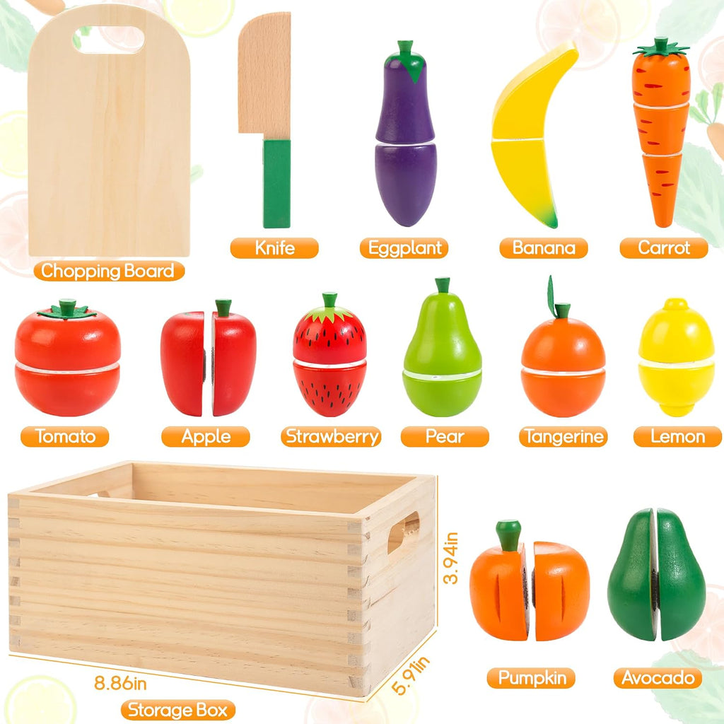 Comida de madera para niños pequeños, juego de cortar frutas y verduras para cocina de juguete