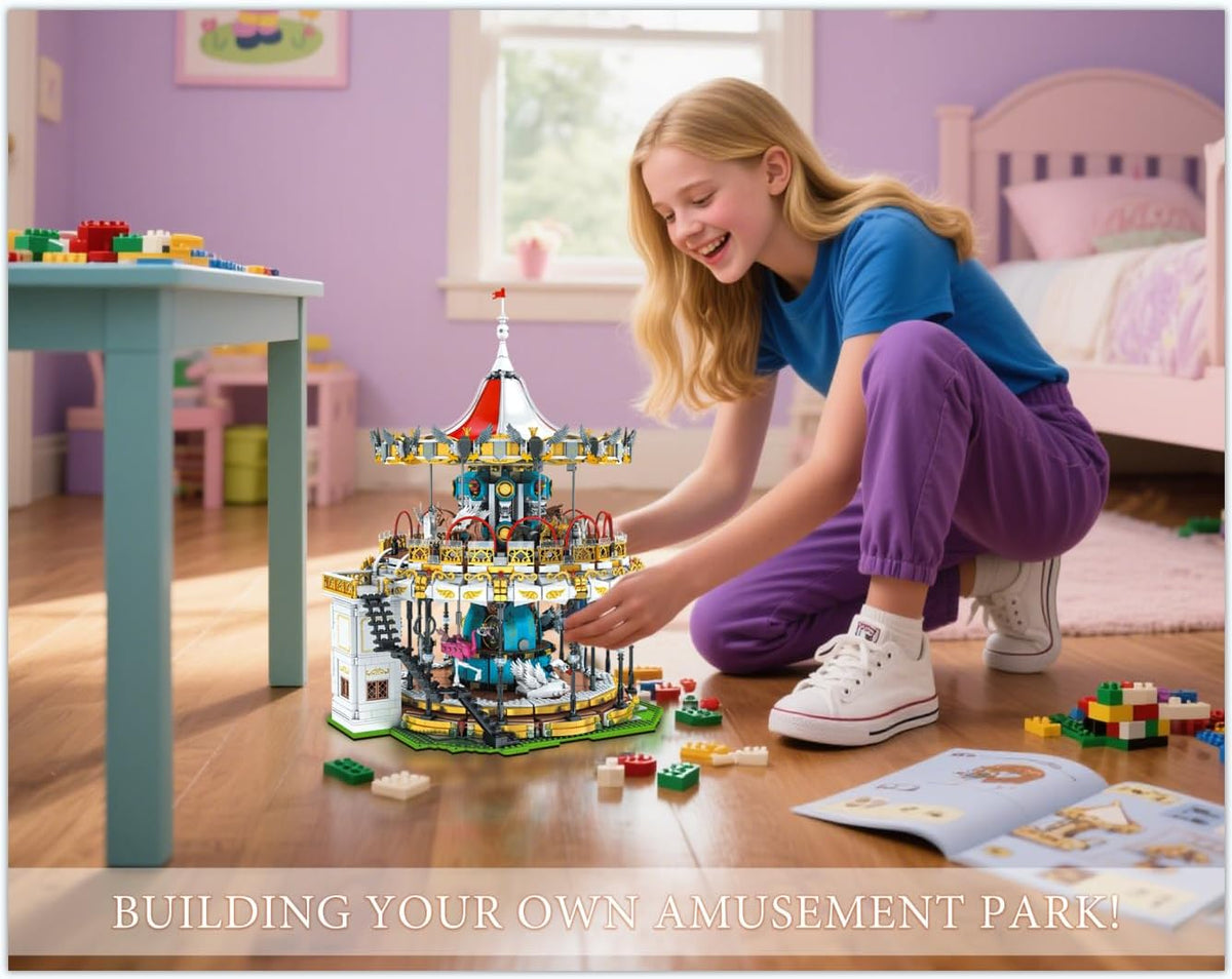 Sosuy Juego de Construcción de Carrusel, Modelo de Tiovivo Motorizado Eléctrico, Juguete de Parque de Atracciones para Niños, Niñas y Adolescentes, Regalos de Cumpleaños para Adultos y Niños de 6, 7
