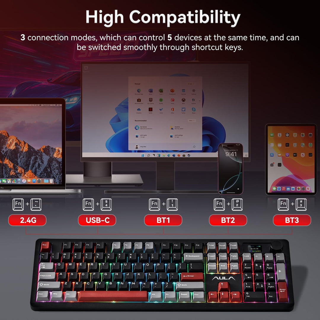 AULA Teclado Mecánico Inalámbrico F106 PRO, Teclado Gaming de 104 T...