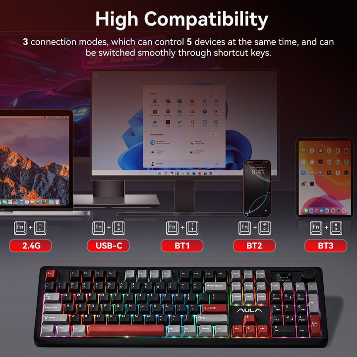 AULA Teclado Mecánico Inalámbrico F106 PRO, Teclado Gaming de 104 T...