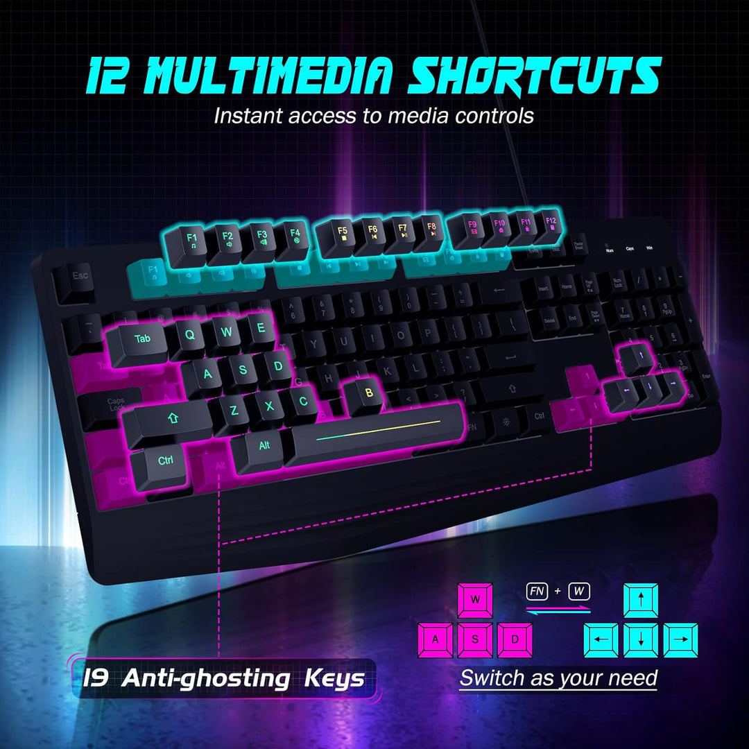 yesbeaut Teclado para juegos, retroiluminación LED arcoíris de 7 co...