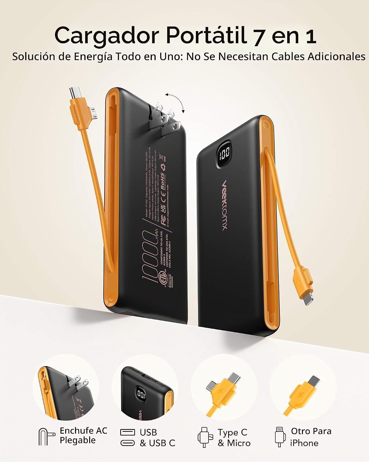 Cargador Portátil Power Bank con Cables Integrados y Enchufe de Par...
