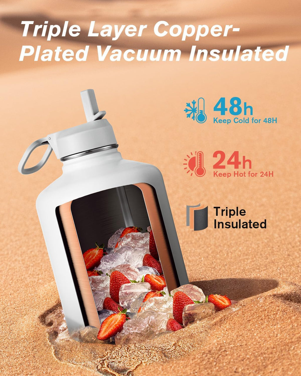 Coolflask Botella de agua de 128 onzas aislada con popote y 3 tapas a