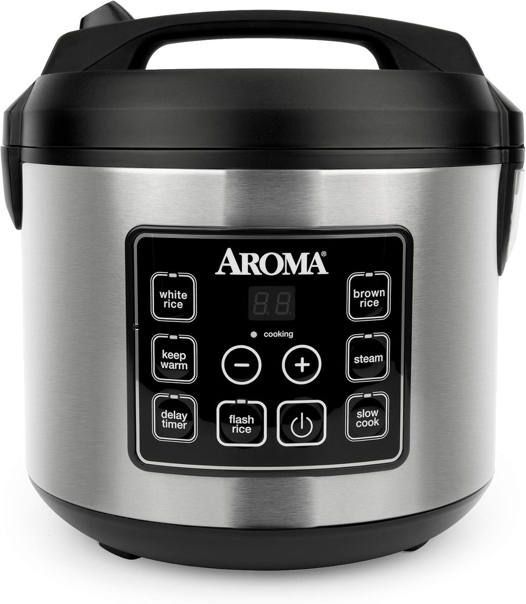 Aroma Housewares olla arrocera digital de 20 tazas (cocidas) (10 tazas sin cocer), olla de cocción lenta, vaporera de alimentos, exterior de acero inoxidable (ARC-150SB), negro