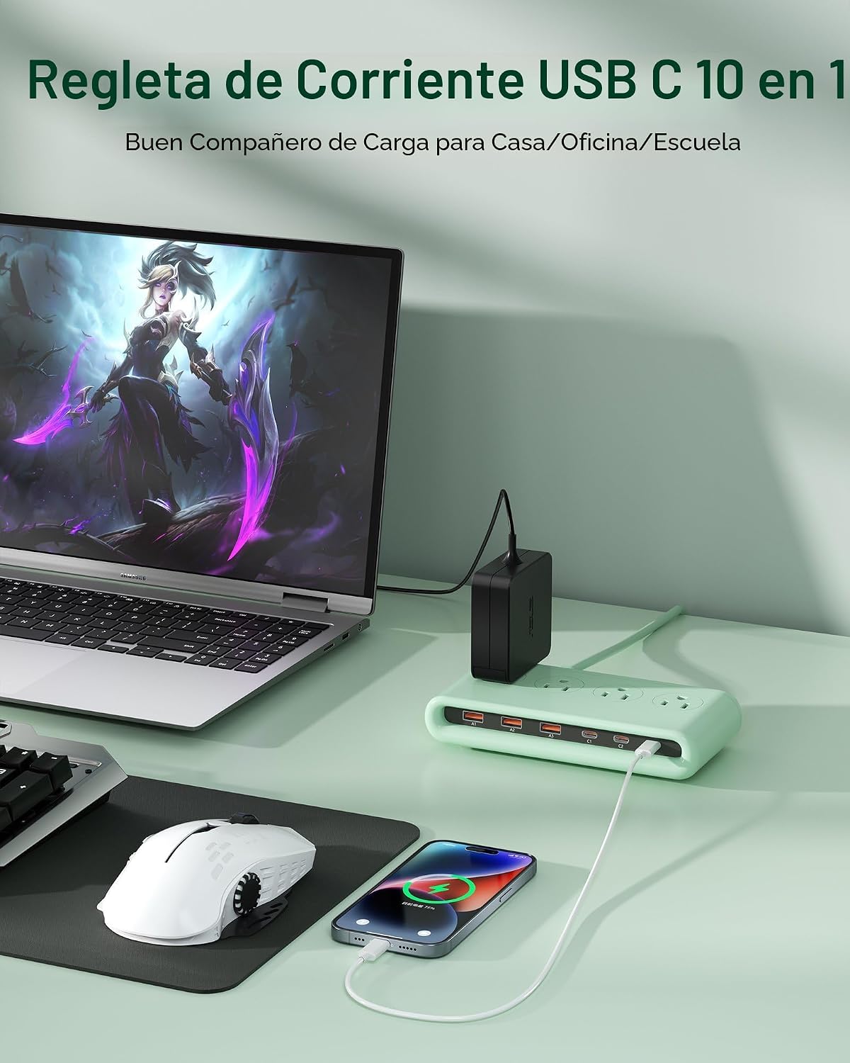 Regleta de alimentación con USB C de 35 W, cargador de pared de enchufe plano 10 en 1, cable de extensión de 5 pies con 4 CA, 3 USB A y 3 USB C, estación de carga PD20W para múltiples dispositivos