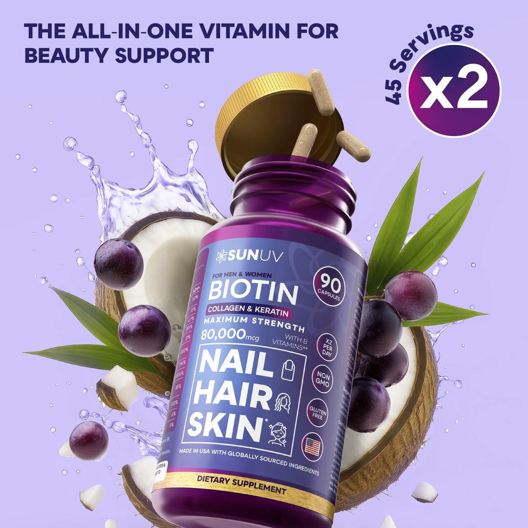 SUNUV Biotina 10,000 mcg | Colágeno | Queratina - 80,000 mcg Vitami...