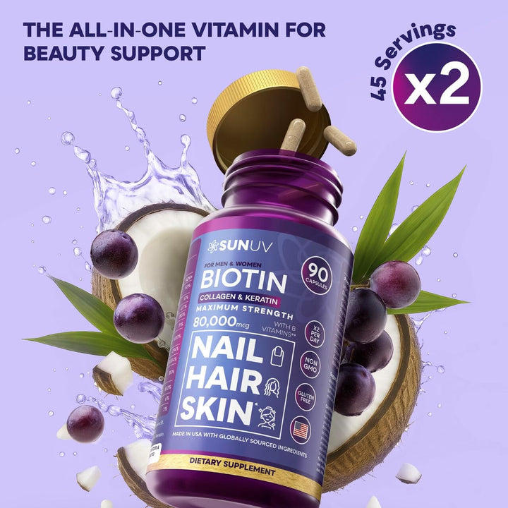 SUNUV Biotina 10,000 mcg | Colágeno | Queratina - 80,000 mcg Vitami...