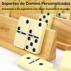 Bucher&Rossini Juego de dominó para adultos con 4 bastidores de dominó dobles de seis juegos de dominó en estuche portátil con 4 soportes de dominó de madera en estuche rígido de EVA, resistente y fácil de llevar, regalo ideal