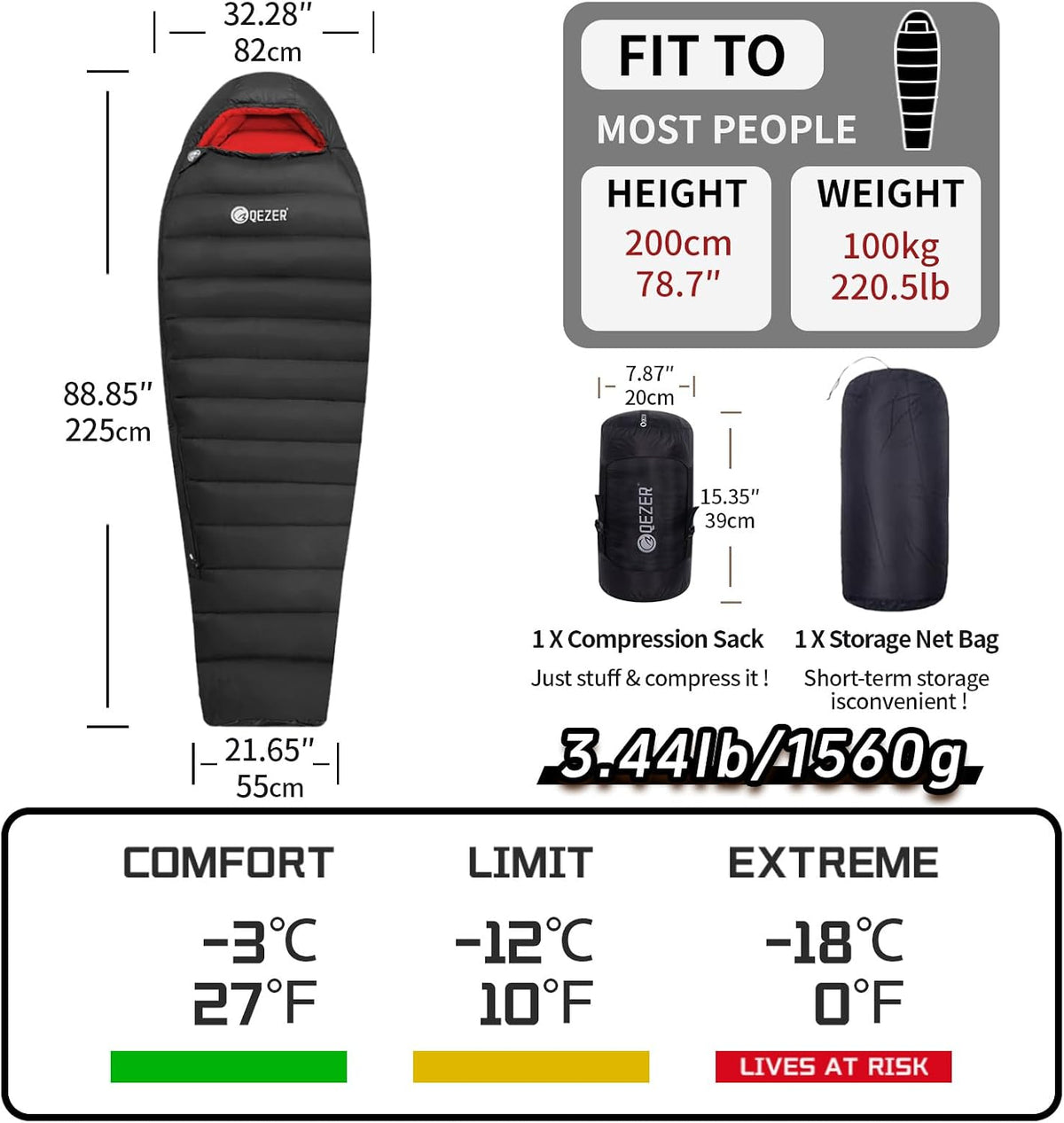 Manta/ Bolso de dormir con temperatura de 0 °C para adultos, camping de clima frío