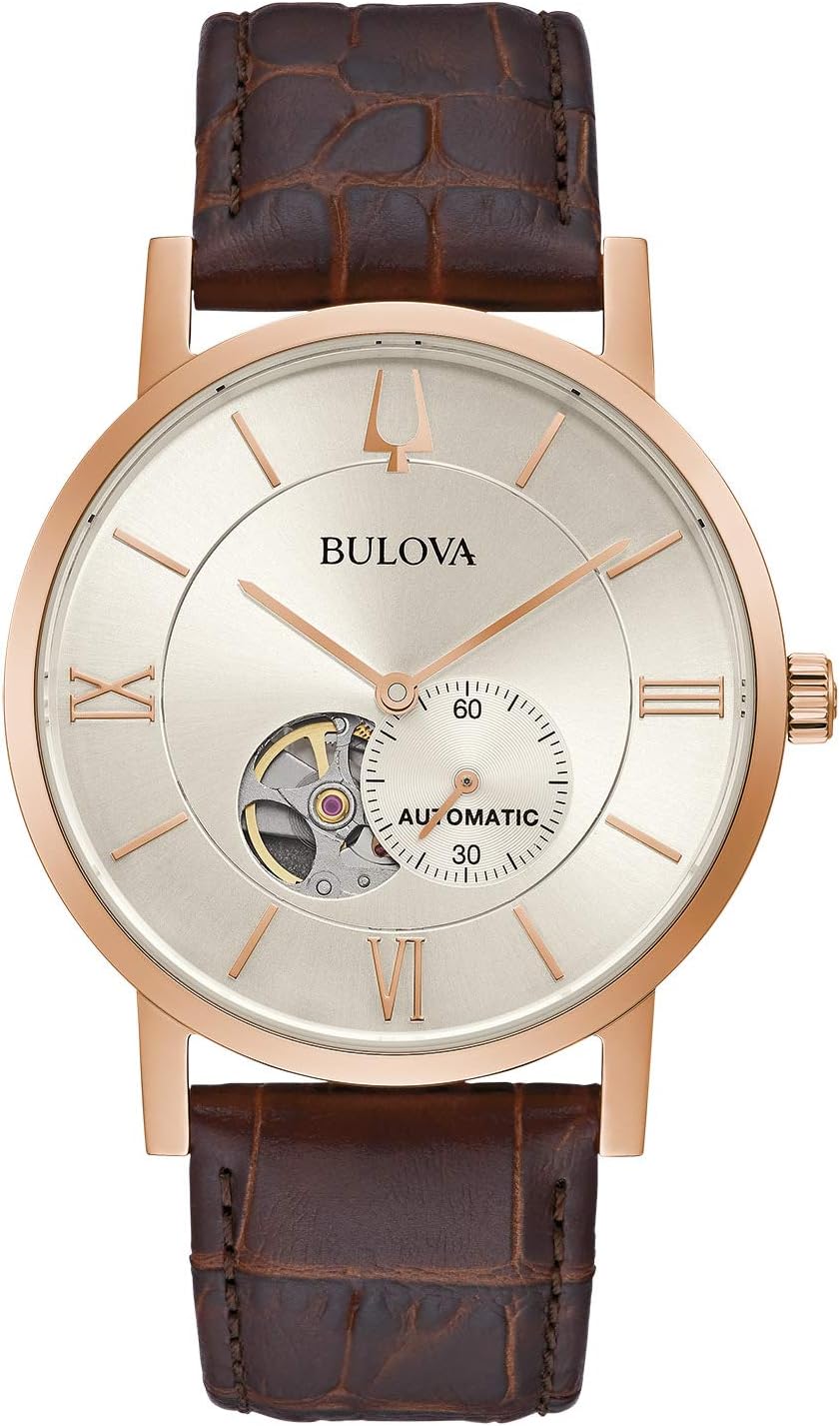 Bulova Reloj automático clásico para hombre de 3 manecillas con 21 joyas, reserva de 42 horas, función de hackeo, subsegundo, esfera con apertura abierta, parte trasera de la caja de exposición, 42mm