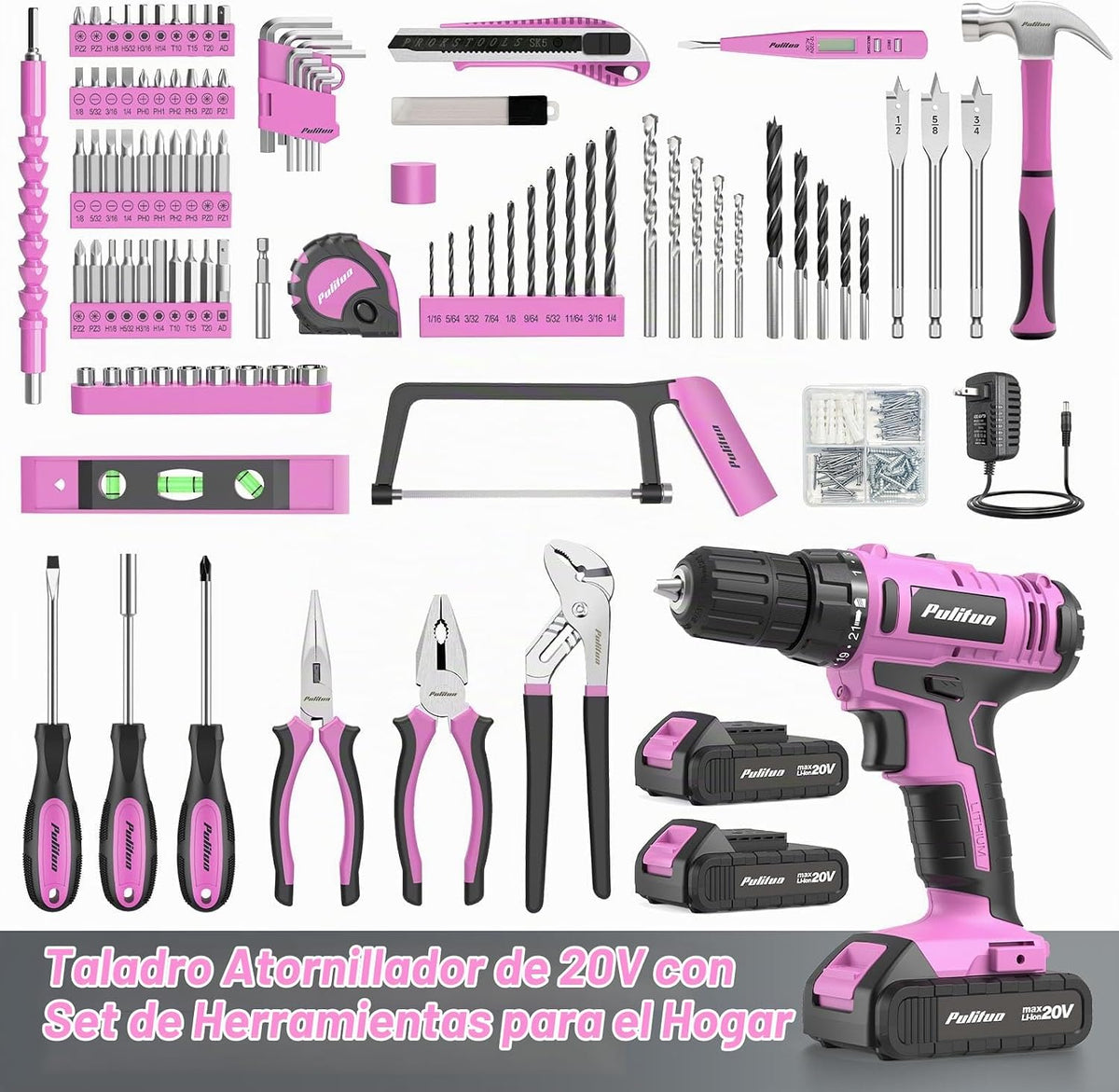 PULITUO Kit de herramientas de taladro eléctrico con taladro/destornillador inalámbrico de 20 V, destornillador eléctrico, 2 baterías y cargador, luz LED, juego de herramientas de bricolaje rosa para