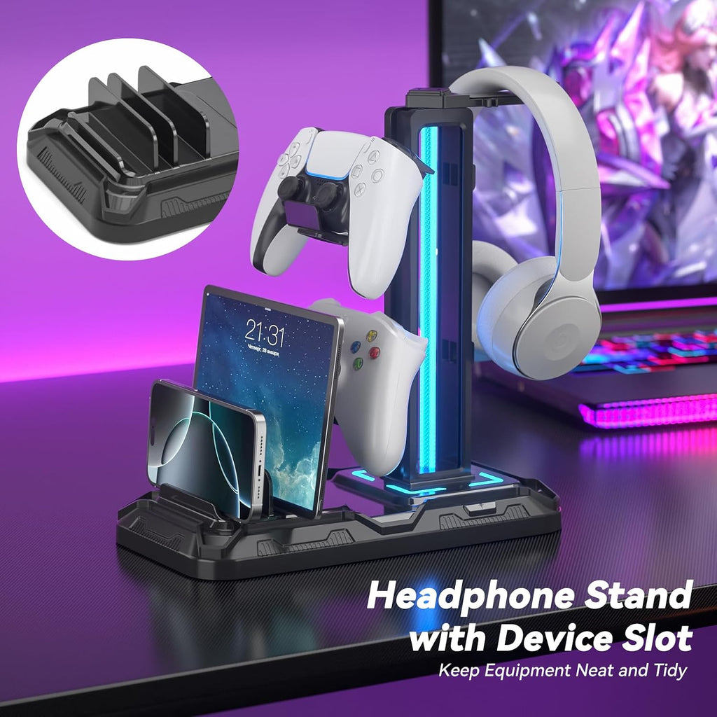 KDD Headset Stand con carga Station - Detachable Controller Holder con 9 Light Modes - Rotatable Headphone Hanger con USB &C Charger puertos - Earphone Hook para PC Gaming Accessories Storage