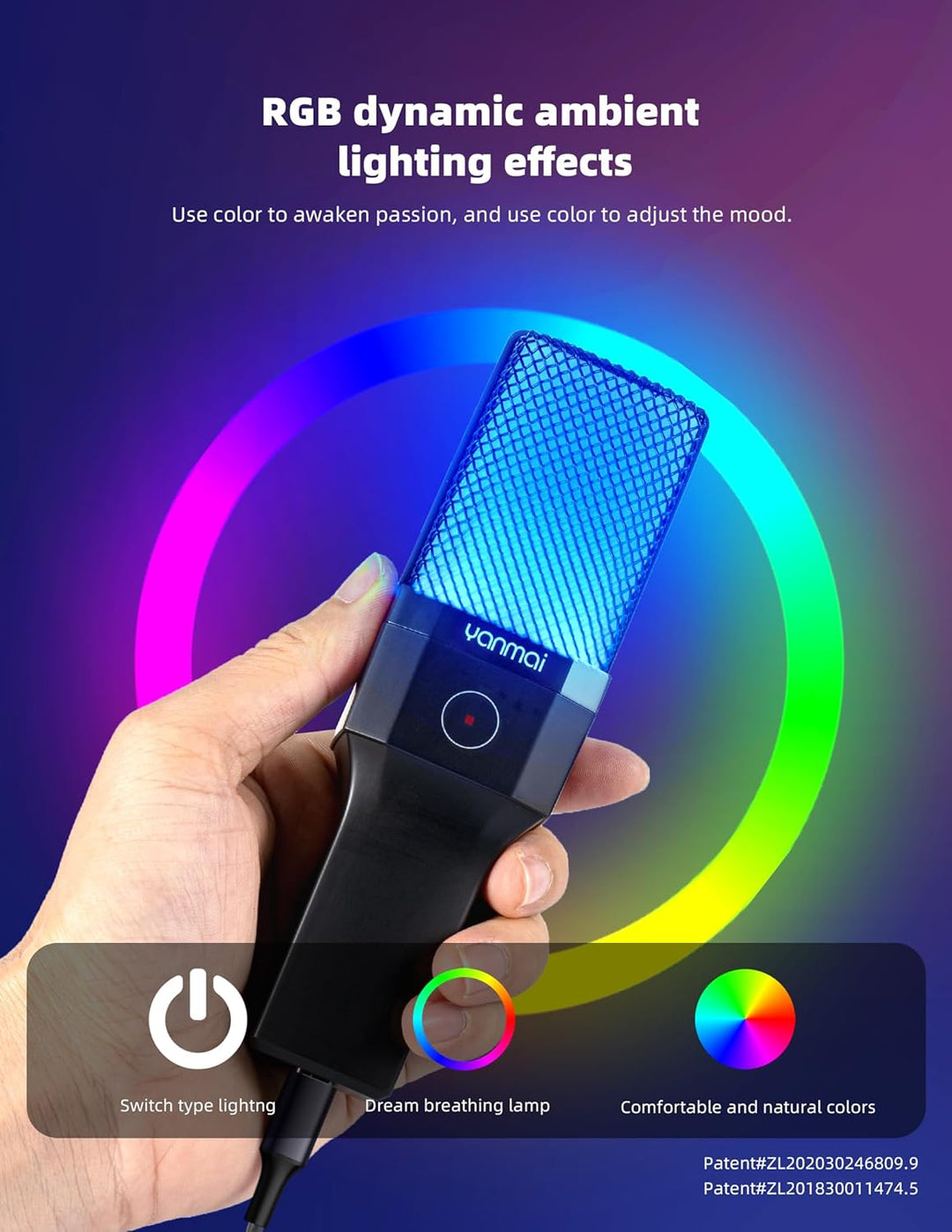 Yanmai Micrófono USB, condensador cardioide, iluminación RGB, trípo...